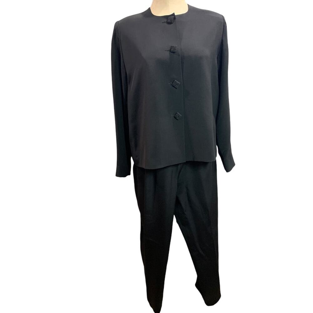 Size‎ 12 Sansappelle Womens Black Silk 2 Piece Suit Jacket Pants 1990s